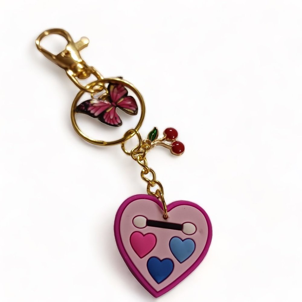 Gold Tone Butterfly and Pink Heart  Palette Key Ring Purse Charm